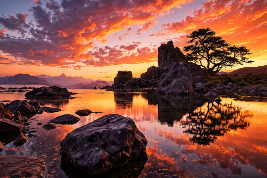 A vivid sunset over a serene lake, with brilliant reflections glistening on the water, Generative AI