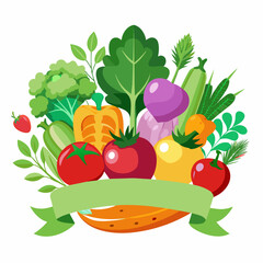 A vibrant collection of vegetables including tomatoes, eggplant, broccoli, and leafy greens, arranged on a green banner. Perfect for agricultural or health-related themes. Space on the banner for text
