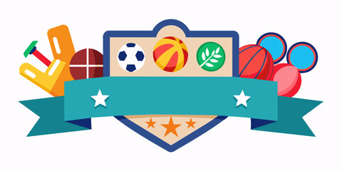 A colorful banner featuring various sports equipment, including a soccer ball, basketball, and tennis racket, with a shield in the background. The design is perfect for sports events and team spirit. 