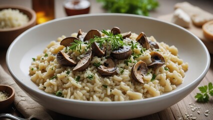 A delightful plate of gourmet mushroom risotto garnished with fresh herbs, capturing the essence of luxurious and savory dining.