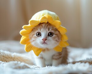 Cute kitten wearing a cute plush sunflower shaped hat and sitting on a blanket