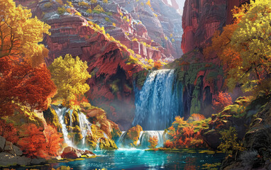 A beautiful waterfall in the mountains, surrounded by colorful trees and rocks. Created with Ai