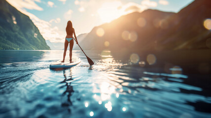 Blurred woman on a SUP board floats on a sea bay with fjord in the background.