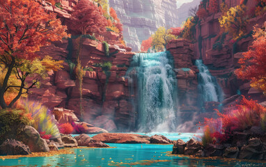 A beautiful waterfall in the mountains, with colorful trees and blue water flowing down from it. Created with Ai