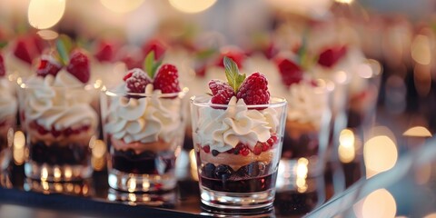 dessert in mini glass cup decorate with icing and fruits with blur background