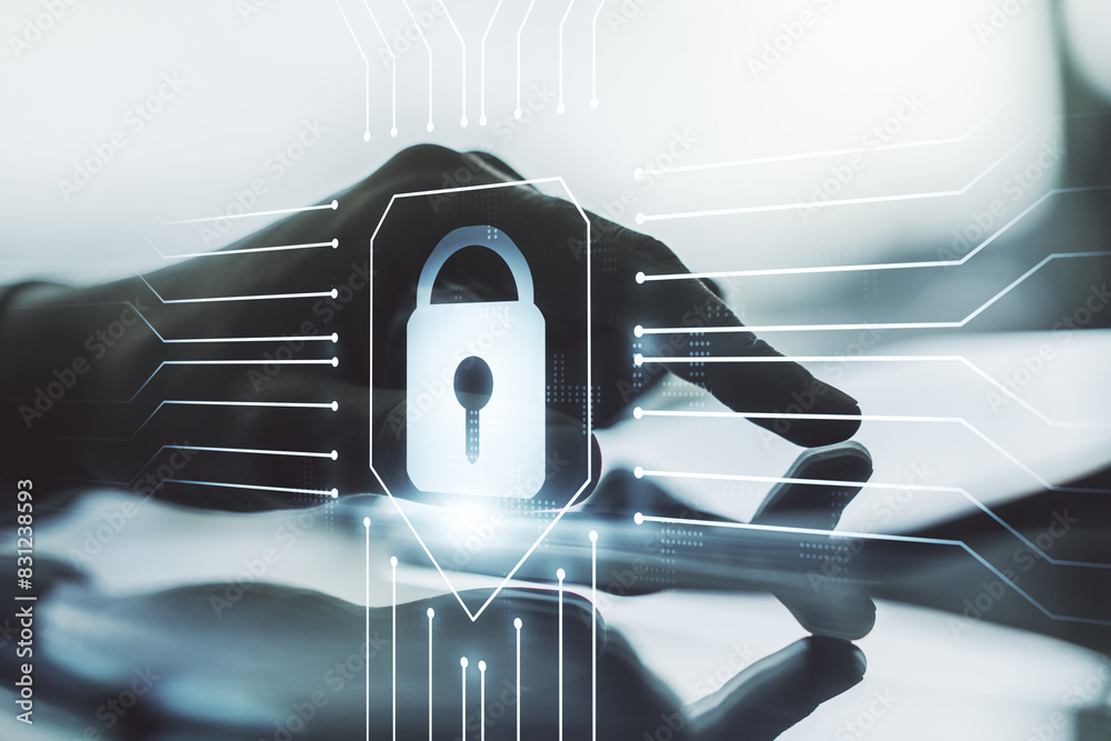 Poster creative lock sketch with chip hologram and hand working with a digital tablet on background, protec