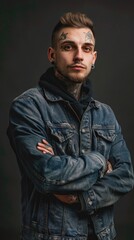 Obraz premium A man wearing a denim jacket with tattoos