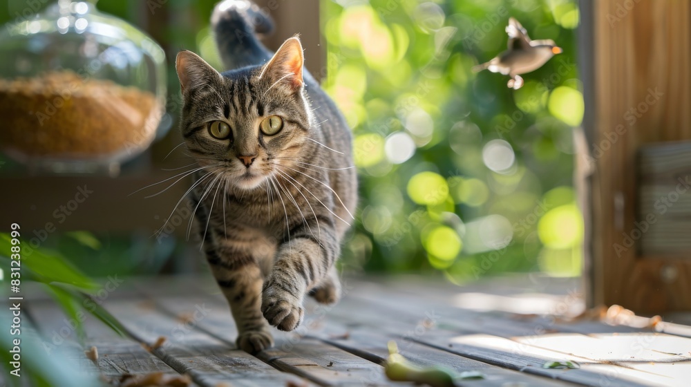 Poster mischievous cat sprinting across a wooden deck, with a bird feeder in the background, emphasizing th