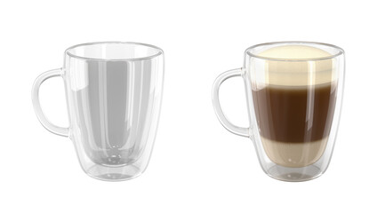 Transparent empty glass cup and cup of latte coffee. Double wall glass cups set. 3d illustration isolated on white