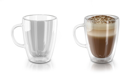 Transparent empty glass cup and cup of cappuccino coffee with chocolate chips. Double wall glass cups set. 3d illustration on white background