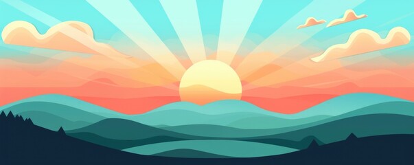 Sunset rays flat design side view horizon cartoon drawing Tetradic color scheme