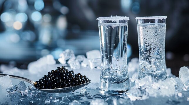 Two shot glasses of vodka and silver spoon with sturgeon black caviar stand on a table made of a large piece of ice.