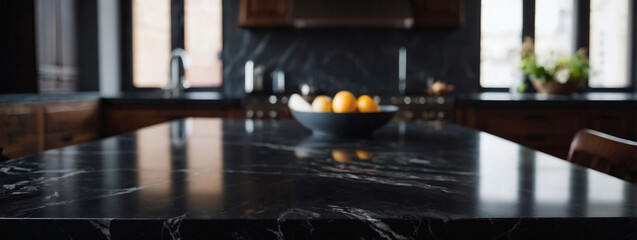 Contemporary dark marble table in a blurry kitchen setting, perfect for product displays or AI art.