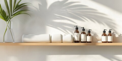 A modern, brightly lit wooden shelf displays rolled towels, skincare bottles, and fresh greenery, creating an inviting and stylish home spa setting filled with tranquility.
