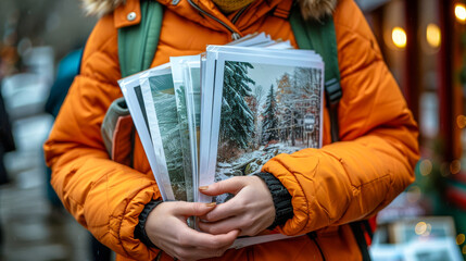 Person holding a collection of winter landscape prints in an orange jacket, showcasing street art photography on a chilly day.