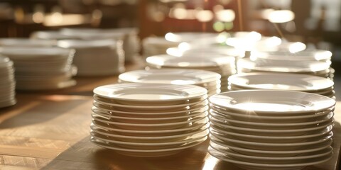 many white plates on the table, blurred background