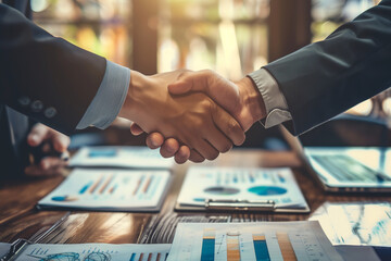 Business men in suits taking a handshake after making an investment contract agreement. Shaking hands is a way of sealing a financial deal in the corporate world,  stock illustration image