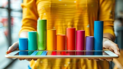Woman holding a digital tablet displaying a vibrant colorful 3D bar graph, symbolizing data analysis, business growth, and financial success.