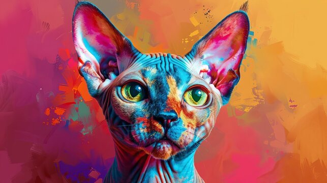 Stylish Devon Rex Cat artwork, vibrant pop art, colorful geometric patterns copy space, futuristic, multilayer, modern interior backdrop