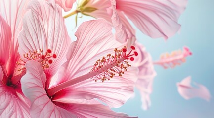 closeup of light pink hibiscus flowers on light blue background