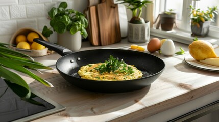 Non-stick skillet with a perfectly cooked omelette, garnished with herbs, set on a stylish kitchen counter with breakfast items around