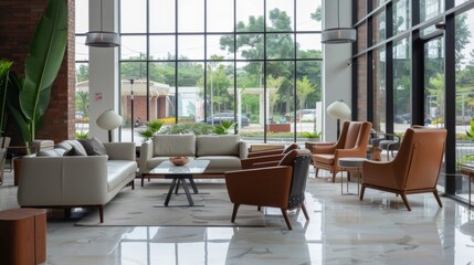 Fototapeta premium Modern lounge area with sleek furniture, minimalist decor, and panoramic windows, offering a stylish space for socializing and unwinding