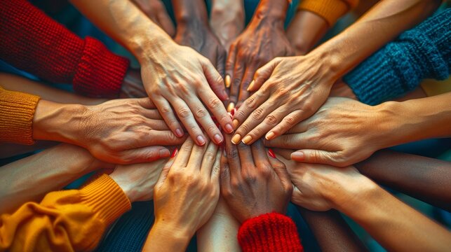 Diverse group of hands joining together in unity and teamwork, showcasing inclusivity and collaboration, fostering a sense of belonging and community.