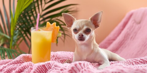 A small beige dog relaxes on a pink blanket next to a tropical smoothie garnished with starfruit, depicting a serene and refreshing vacation vibe in a cozy setting.