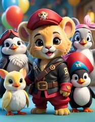 Obraz premium A group of animated animals, including a lion, penguins, and chicks, dressed in pirate costumes, pose together in a vibrant and playful setting. This lively scene is perfect for children. AI