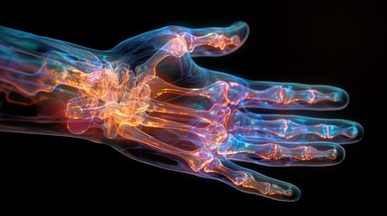 A detailed, colorful X-ray image of a human hand showcasing bones and joints against a black background, perfect for medical and educational purposes.