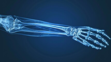 A digital X-ray image of a forearm and hand showcasing skeletal anatomy against a blue background. Ideal for medical or educational purposes.