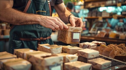 Person packaging products in a store, focusing on the hands and paper-wrapped goods on the counter