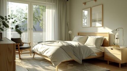 Nordic-inspired bedroom with clean lines, light wood furniture, and cozy textiles, embracing simplicity and functionality