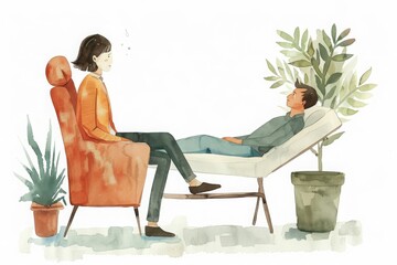 Watercolor illustration of a therapy session with a therapist and a client in a relaxed setting, surrounded by plants for a calming atmosphere.