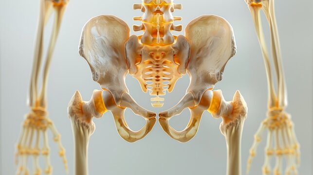 Close-up of a human skeleton's pelvic bone and spine structure, highlighting anatomical details in a medical context.