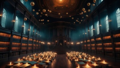 Digital artwork of an old, grand library with books levitating in beams of light, surrounded by dark wooden shelves and a grand organ.. AI Generation
