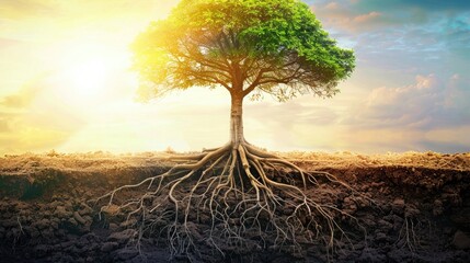 A tree with roots spreading deep into the ground, symbolizing the foundation of personality.