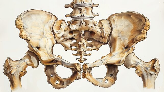 Detailed image of human pelvic bones and lower spine. Anatomical illustration highlighting bone structure for educational and medical use.