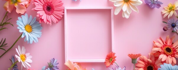 A square frame with an empty space for text, surrounded by flowers in pastel colors on pink background.