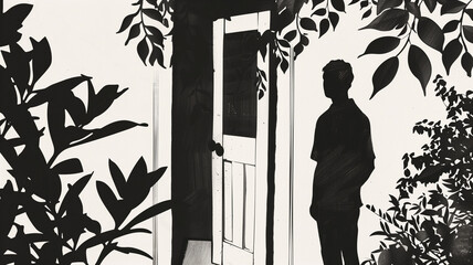  A silhouette of a man standing by an open door, surrounded by foliage, creating a mysterious and contemplative scene in black and white.