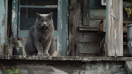 Overweight grey cat sitting on a porch, looking content and serene. The rustic setting - Powered by Adobe