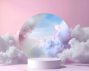 Background with a white round podium and a pastel sky blue and purple colored clouds on a pink wall for product presentation
