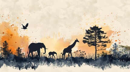 An enchanting set of animal silhouettes arranged on a serene landscape backdrop. The silhouettes of different species, including an elephant, a giraffe, and a bird in flight, are depicted with