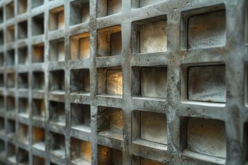 Closeup of a concrete grid structure with square openings and side lighting highlighting the texture and industrial design elements.