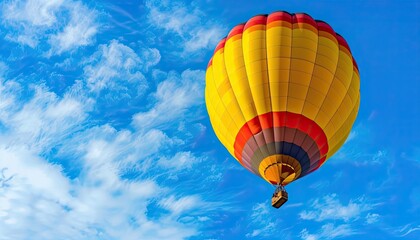Naklejka premium Colorful hot air balloon soaring in vibrant blue sky with white clouds, perfect for travel, adventure, and leisure themes.