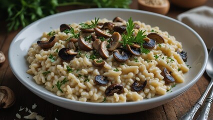 Delicious creamy mushroom risotto garnished with fresh herbs served in a white bowl on a wooden table.