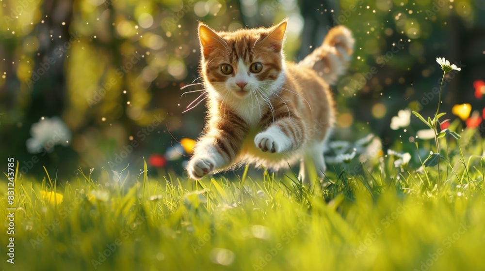 Poster playful cat dashing across a green lawn in a burst of energy, with flowers and trees in the backgrou