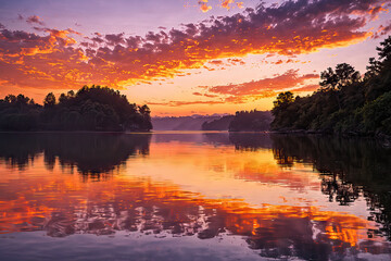 A vivid sunset over a serene lake, with brilliant reflections glistening on the water, Generative AI