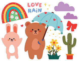 hand drawing cute animals and cute stuff sticker set. cute set of kawaii sticker, doodle