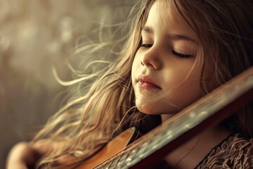 Closeup of a young girl with a serene expression playing an acoustic guitar